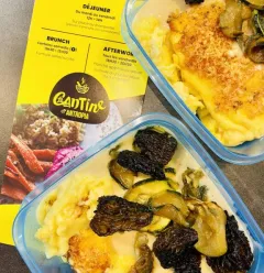 Polenta au gratin with fried morel mushrooms & courgettes
