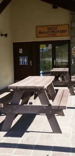 Picnic table in the Salle Marcel Pignard at Les Coches